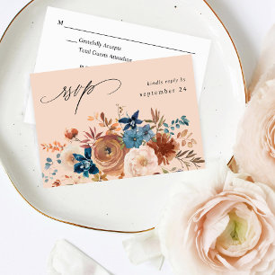 Beige & Dusty Blue Floral w Meal UAWG - Beige RSVP Karte