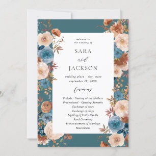 Beige & Dusty Blue Floral Wedding Programme - Turq