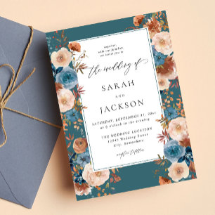 Beige & Dusty Blue Floral Wedding S2 - Aquamarin Einladung