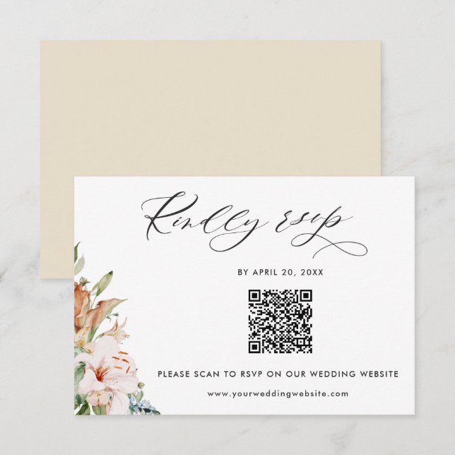 Beige Earthy Blooms QR Code UAwg Online-Hochzeit Begleitkarte (Vorne/Hinten)