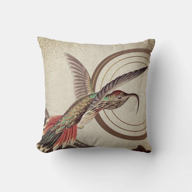 Beige Earthy Hummingbird | Ernst Haeckel Inspirier Kissen (Vorderseite)