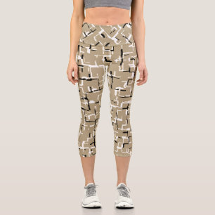 Beige Einzigartiges Schwarzweiß-Muster Capri Leggings
