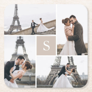 Beige Elegant 4 Foto Gallery und Monogramm Rechteckiger Pappuntersetzer
