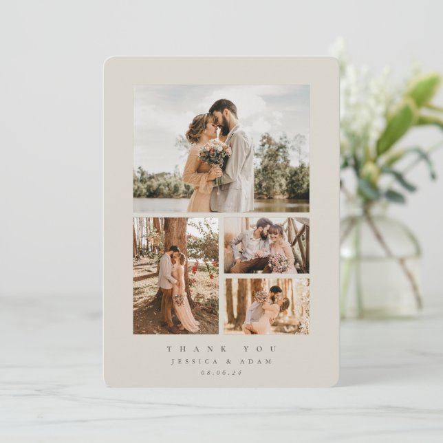 Beige Elegant Minimal 4 Foto Hochzeitswohnung Dankeskarte (Stehend Vorderseite)