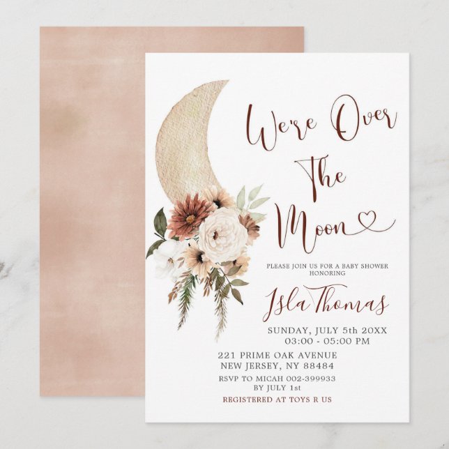 Beige élégant sur la lune Baby shower Invitation (Devant / Derrière)