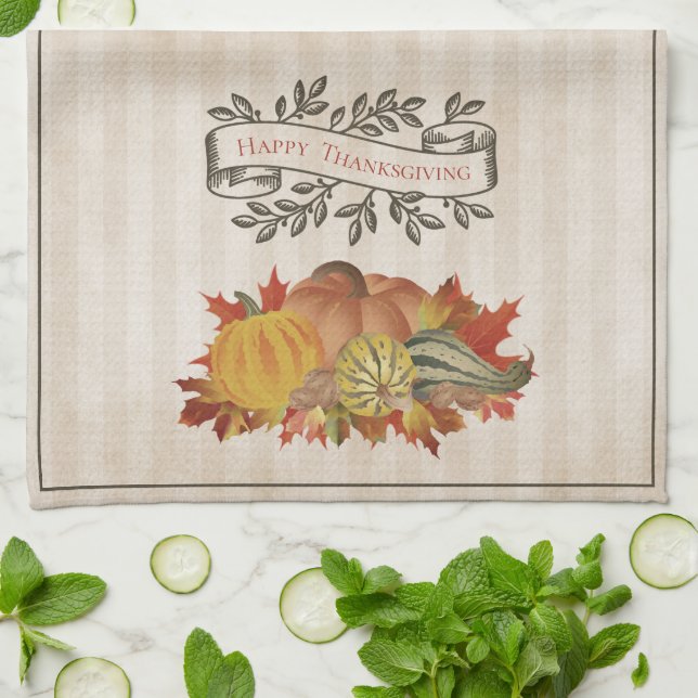 Beige Erntedank Pumpkins und Squash Geschirrtuch (Gefaltet)