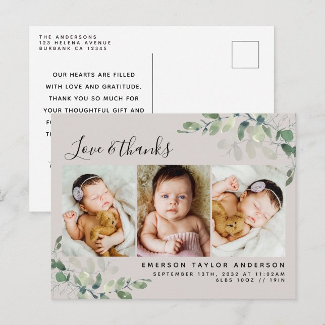 Beige Eucalyptus Foto Baby Vielen Dank Ankündigung Postkarte (Vorne/Hinten)