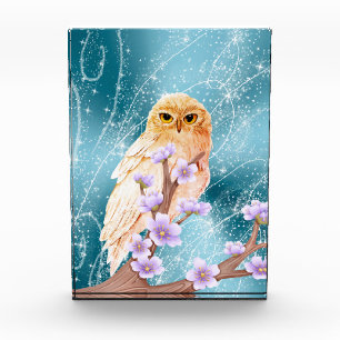 Beige Eule auf der Lila Blumenzweigung Magischer S Fotoblock