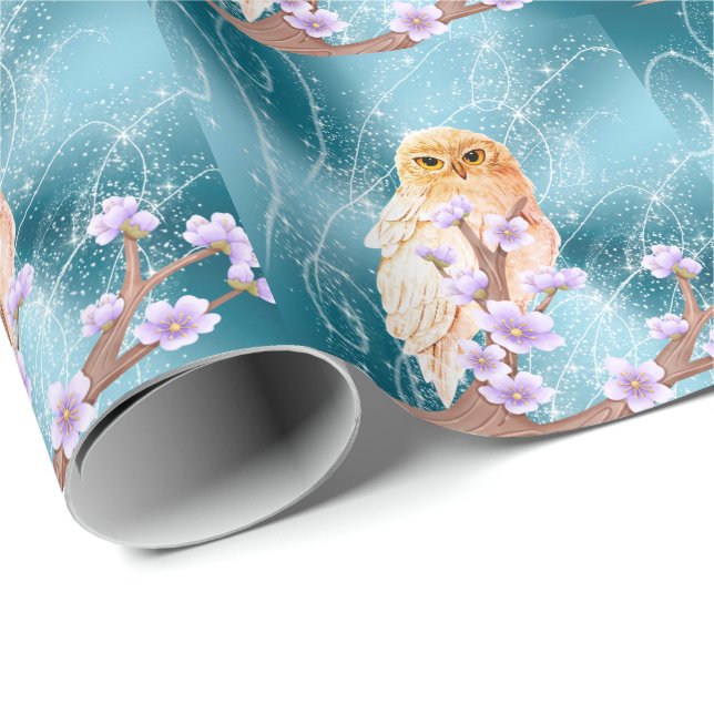 Beige Eule auf der Lila Blumenzweigung Magischer S Geschenkpapier (Rolleneckpunkt)