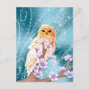 Beige Eule auf der Lila Blumenzweigung Magischer S Postkarte