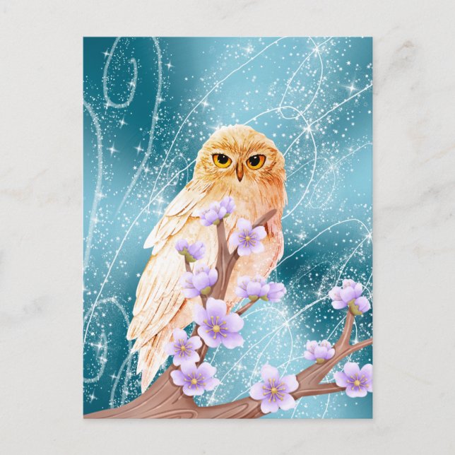 Beige Eule auf der Lila Blumenzweigung Magischer S Postkarte (Vorderseite)