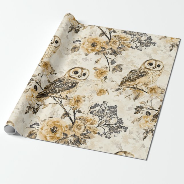 Beige Eulen Cottagecore Blumenmuster Geschenkpapier (Ungerollt)