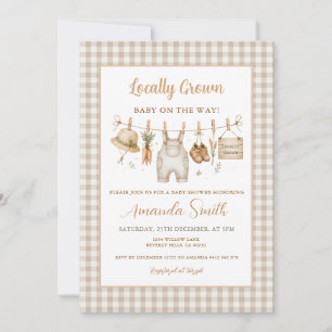 Beige Farm Gingham Locally grown Babyparty Einladung