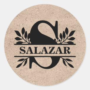 Beige Faux Kraft Schwarze Blätter geteiltes Monogr Runder Aufkleber