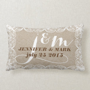 Beige Faux Linen & White Spitze Hochzeit Kissen 2