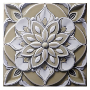 Beige Faux-Relief symmetrische Blumenblüte Fliese