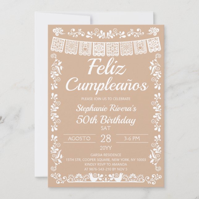 Beige Feliz Cumpleaños Geburtstag Einladung (Vorderseite)