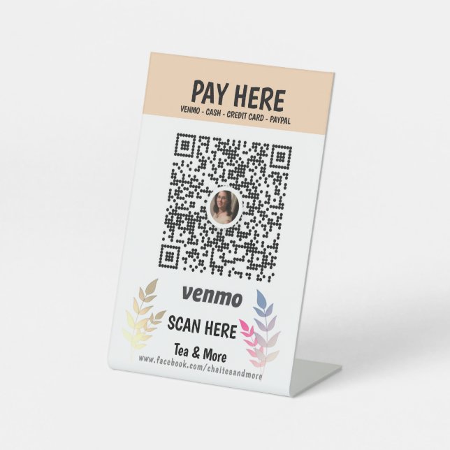Beige Floral Add QR Code Venmo Zahlung hier Sockelschild (Vorderseite)