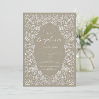 Beige Floral Birdie Baby Baptême Invitation