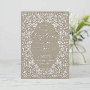 Beige Floral Birdie Baby Taufe Einladung