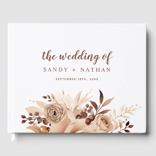 Beige Floral Boho Leaf Wedding Guest Book Gästebuch (Vorderseite)