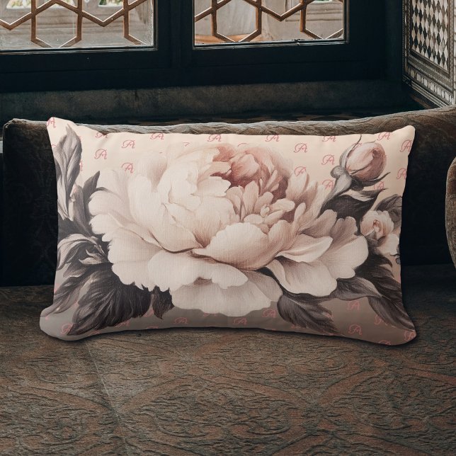 Beige Floral Boho Monogram Lumbar Throw Kissen (Cream beige long floral lumbar pillow on a couch.)