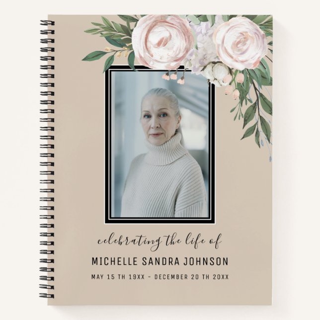 Beige Floral Foto Frau Memorial Gästebuch Notizbuch (Vorderseite)