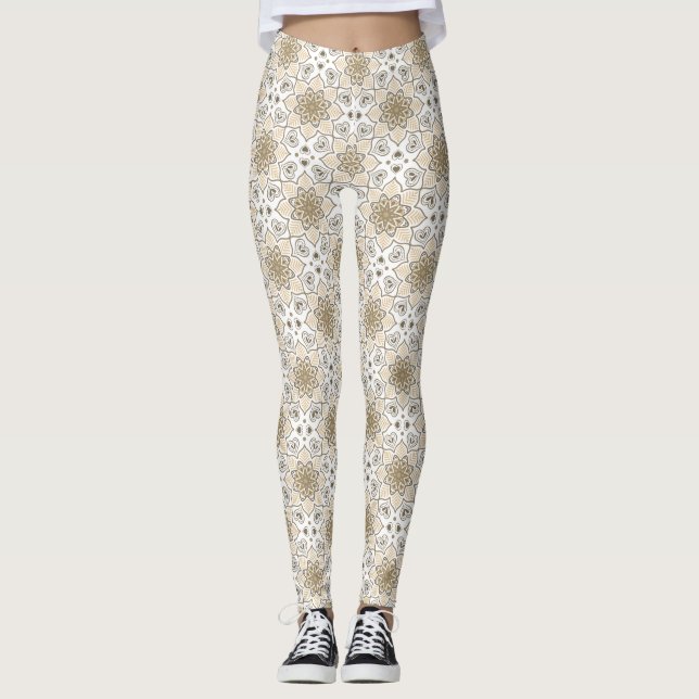 Beige Floral Mandala Circle Batik Muster Leggings (Vorderseite)