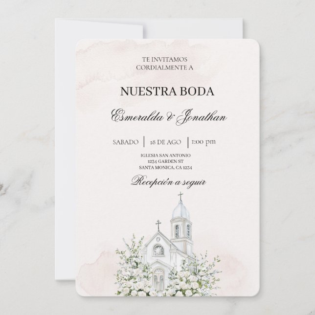 Beige Floral Spanish church Wedding Invitation (Devant)