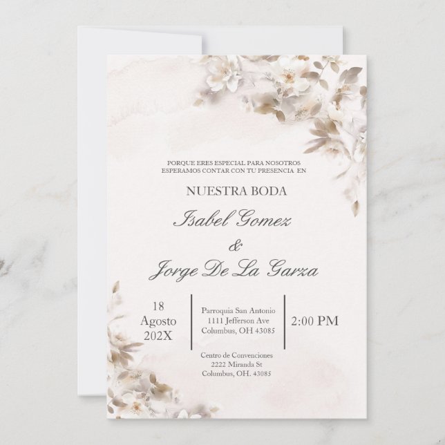 Beige Floral Wedding Einladung auf Spanisch (Vorderseite)