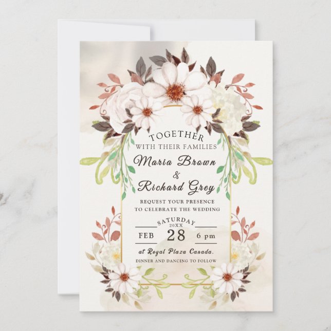 Beige Floral Wedding Invitation Einladung (Vorderseite)