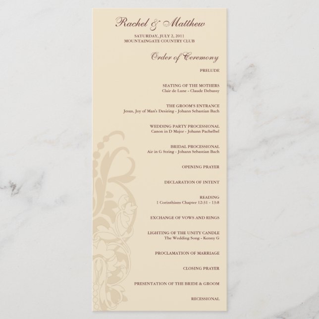 Beige Floral Wedding Program Programm (Vorderseite)