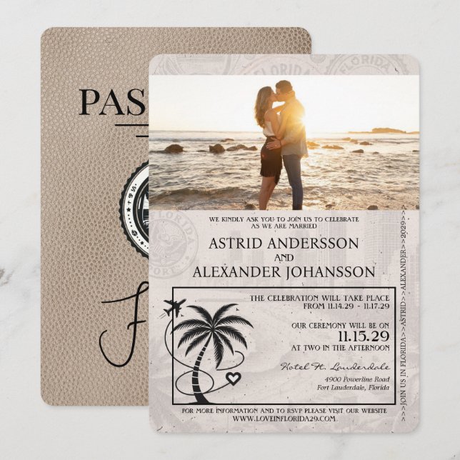 Beige Florida Passport Hochzeitseinladung Einladung (Vorne/Hinten)