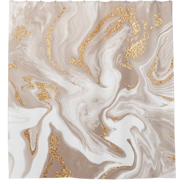 Beige flüssige Marmor, Goldlinienkunst. Duschvorhang (Vorderseite)