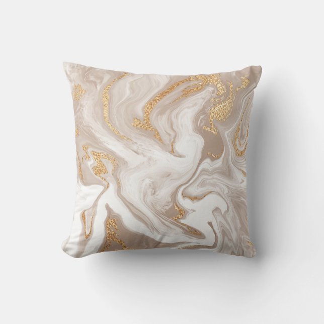 Beige flüssige Marmor, Goldlinienkunst. Kissen (Vorderseite)