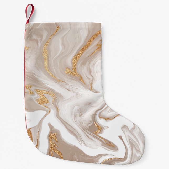 Beige flüssige Marmor, Goldlinienkunst. Kleiner Weihnachtsstrumpf (Vorderseite)