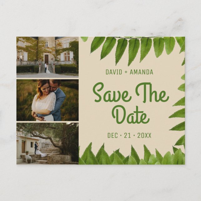 Beige Foliage Drei FotoCollage Save the Date Ankündigungspostkarte (Vorderseite)