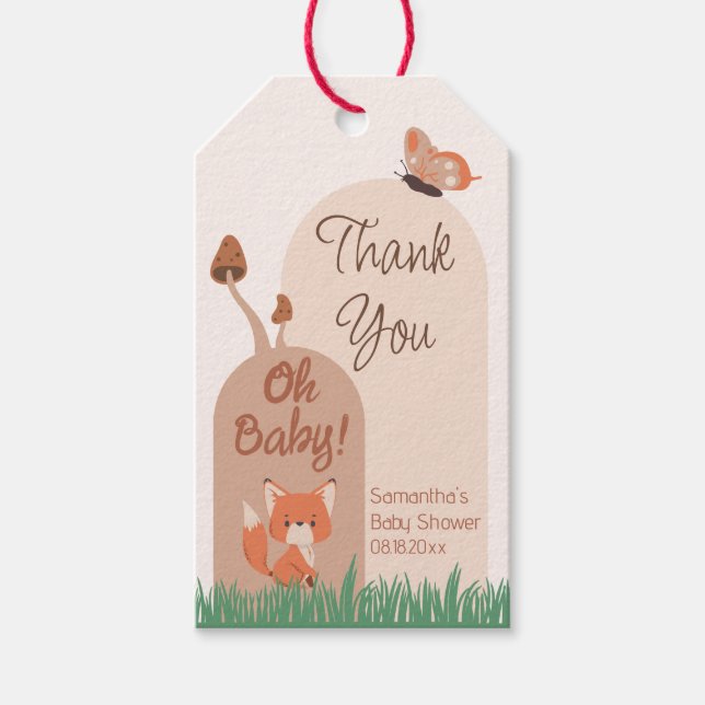 Beige Forest Themed Fox Babydusche Geschenkanhänger (Vorderseite)
