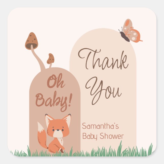 Beige Forest Themed Fox Babydusche Quadratischer Aufkleber (Vorderseite)