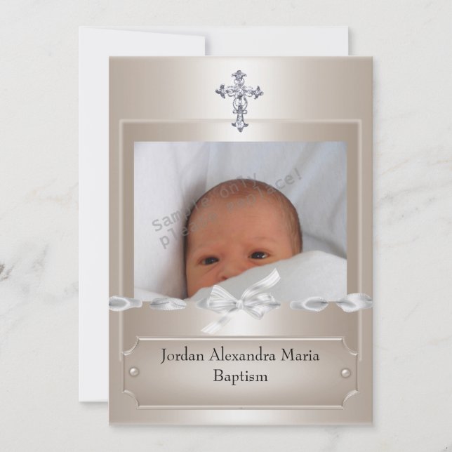 Beige Foto Rahmen Jewel Cross Taufe lang Einladung (Vorderseite)