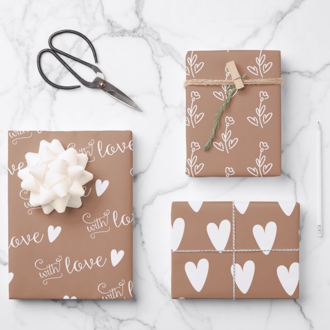 Beige Gemustert mit Liebe-Wrapping-Papier Blätter (Vorderseite)