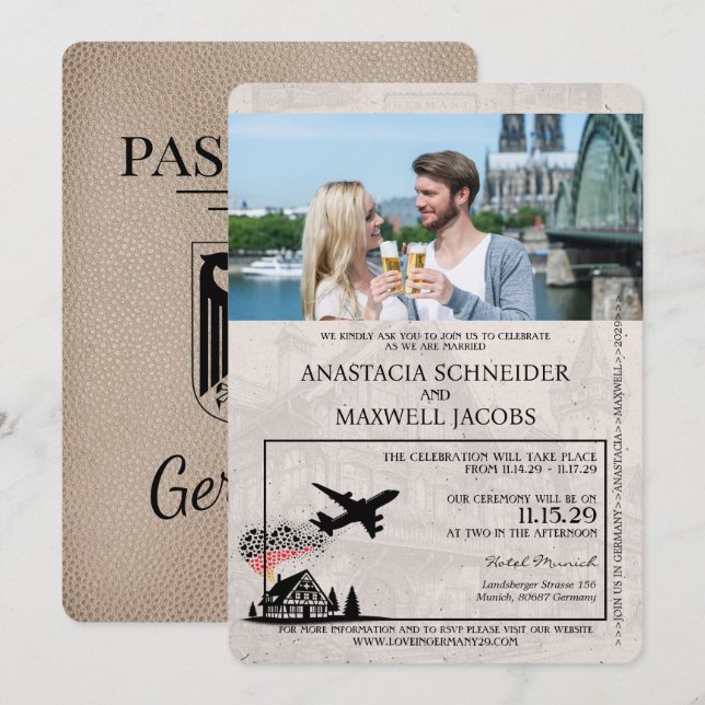 Beige Germany Passport Wedding Einladung (Vorne/Hinten)