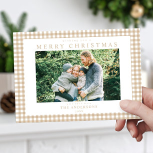 Beige Gingham Christmas Foto Feiertagskarte