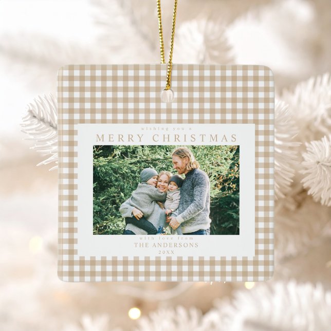 Beige Gingham Christmas Foto Keramikornament (Von Creator hochgeladen)