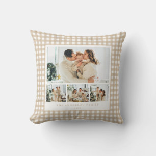 Beige Gingham Familienfoto-Collage Kissen