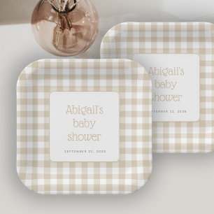 Beige Gingham Karo Rustic Baby Shower Pappteller