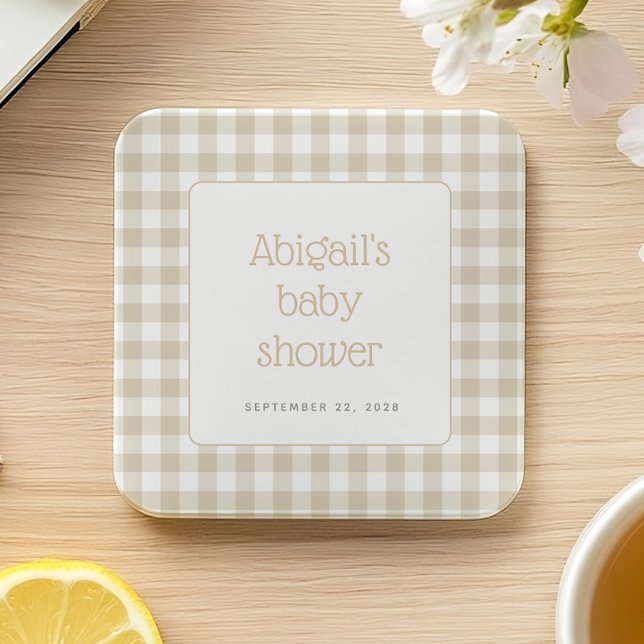 Beige Gingham Karo Rustic Baby Shower Rechteckiger Pappuntersetzer (Von Creator hochgeladen)