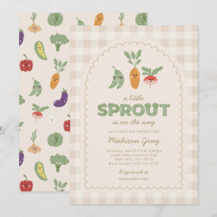 Beige Gingham Little Sprout auf der Way Baby Dusch Einladung