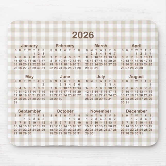 Beige Gingham Plaid Brown 2026 Calendar Mousepad (Vorne)