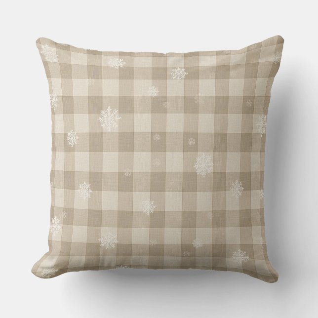 Beige Gingham Plaid Snowflake Throw Pillow – Warm Kissen (Vorderseite)